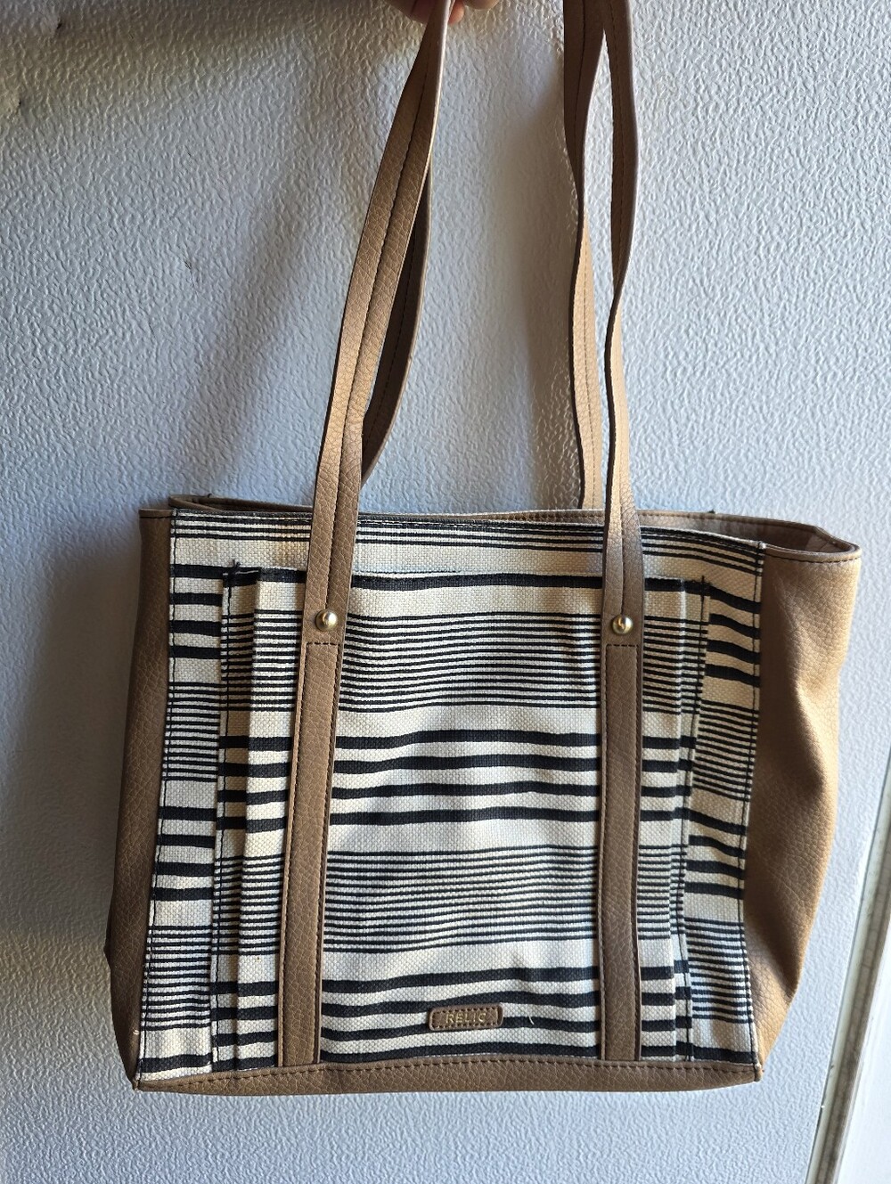 RELIC FOSSIL Striped Coastal Cowgirl Canvas Tote Bag Beige Y2K Granola
